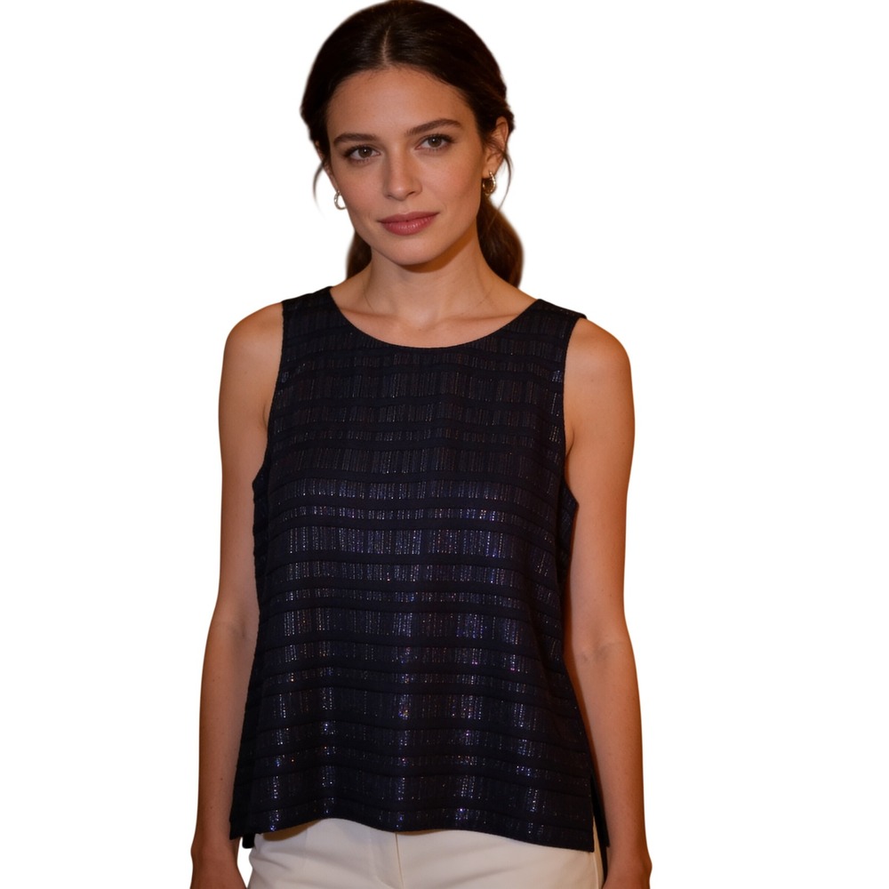Eileen Fisher Womens 2X Black Metallic Silver Striped Sleeveless Shell Top Tank